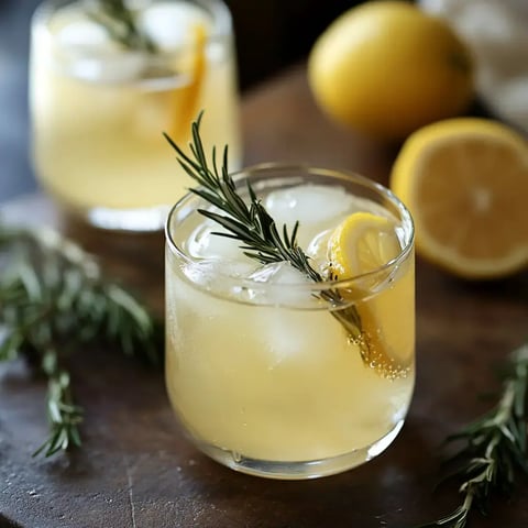 A refreshing cocktail garnished with a sprig of rosemary and a slice of lemon, served over ice, alongside fresh lemons.