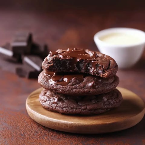 A stack of three chocolate cookies, one with a bite taken out, sits on a wooden plate, with chocolate pieces and a small bowl of cream in the background.