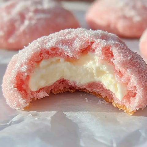 A pink sugary cookie is cut in half, revealing a creamy white filling inside.