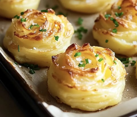 A close-up of golden-brown, rose-shaped baked mashed potatoes garnished with chopped chives on a parchment-lined baking sheet.