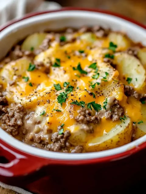 A cheesy layered casserole with ground beef, sliced potatoes, and fresh parsley.