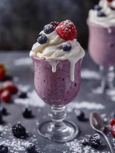 A creamy purple dessert topped with whipped cream and fresh berries sits in a clear glass on a textured surface, surrounded by scattered berries and powdered sugar.