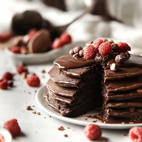 A stack of chocolate pancakes topped with raspberries and chocolate syrup, with some raspberries scattered around the plate.