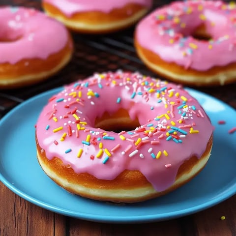 A delicious pink frosted donut topped with colorful sprinkles sits on a blue plate, with more donuts in the background.