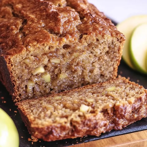 A freshly baked loaf of apple bread, sliced to reveal its moist interior with visible chunks of apple, is displayed alongside green apple slices.