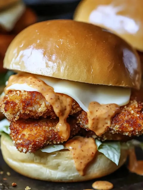 A close-up of a crispy chicken sandwich topped with spicy sauce and mayonnaise on a soft bun.