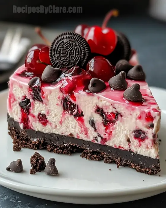 Oreo Cherry Chocolate Chip No-Bake Cheesecake