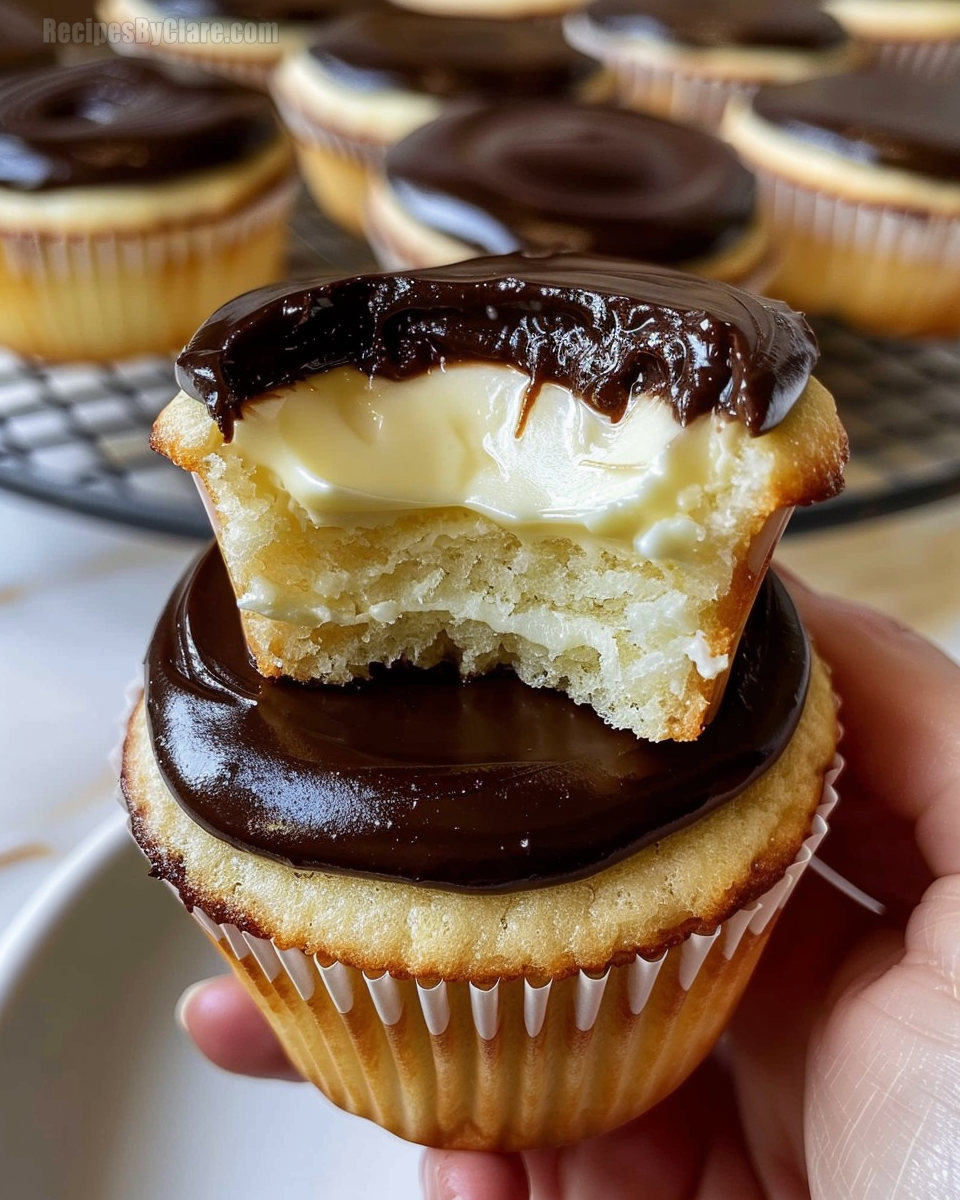 Boston Cream Pie Cupcakes filled with vanilla pudding and topped with chocolate ganache