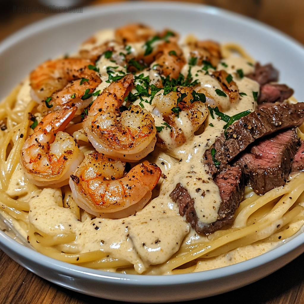 Cajun Shrimp and Steak Alfredo Pasta