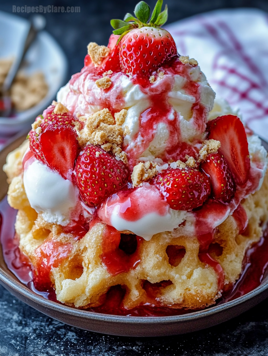 Strawberry Cheesecake Funnel Cake Sundae