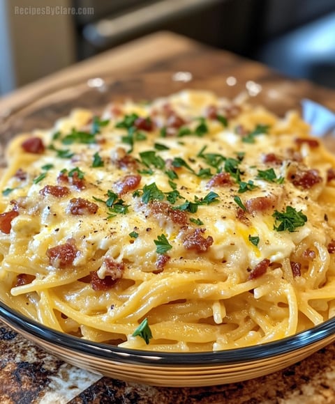 Cheesy Spaghetti Carbonara with Pancetta and Eggs