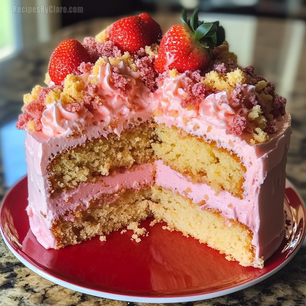 Strawberry Crunch Cake With Strawberry Cream Icing