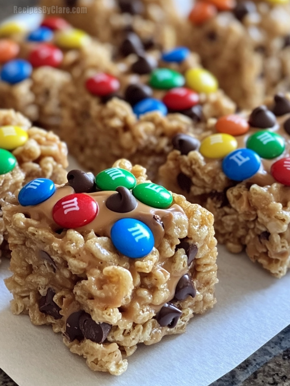 Peanut Butter Rice Krispie Treats with M&M's and Chocolate Chips