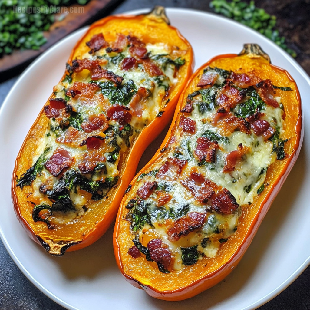 Stuffed Butternut Squash With Spinach Bacon Cheese Cozy Fall Meal Recipes By Clare