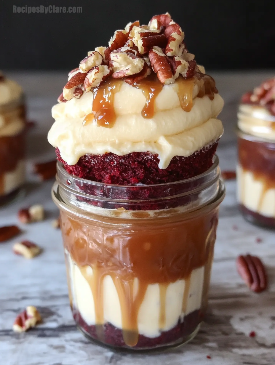 Mini Red Velvet Caramel Pecan Cake Jars