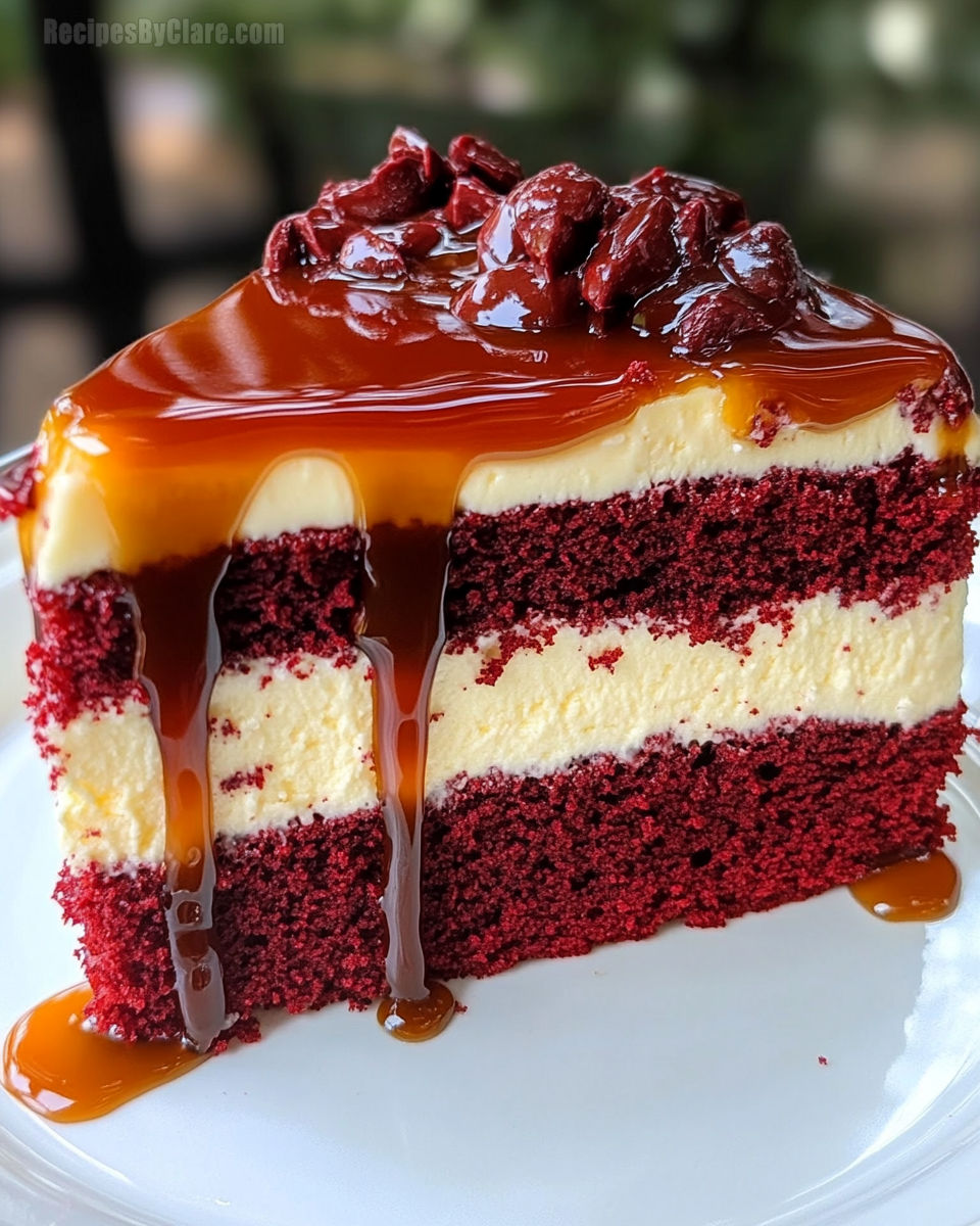 Red Velvet Cheesecake Cake With Caramel Drizzle