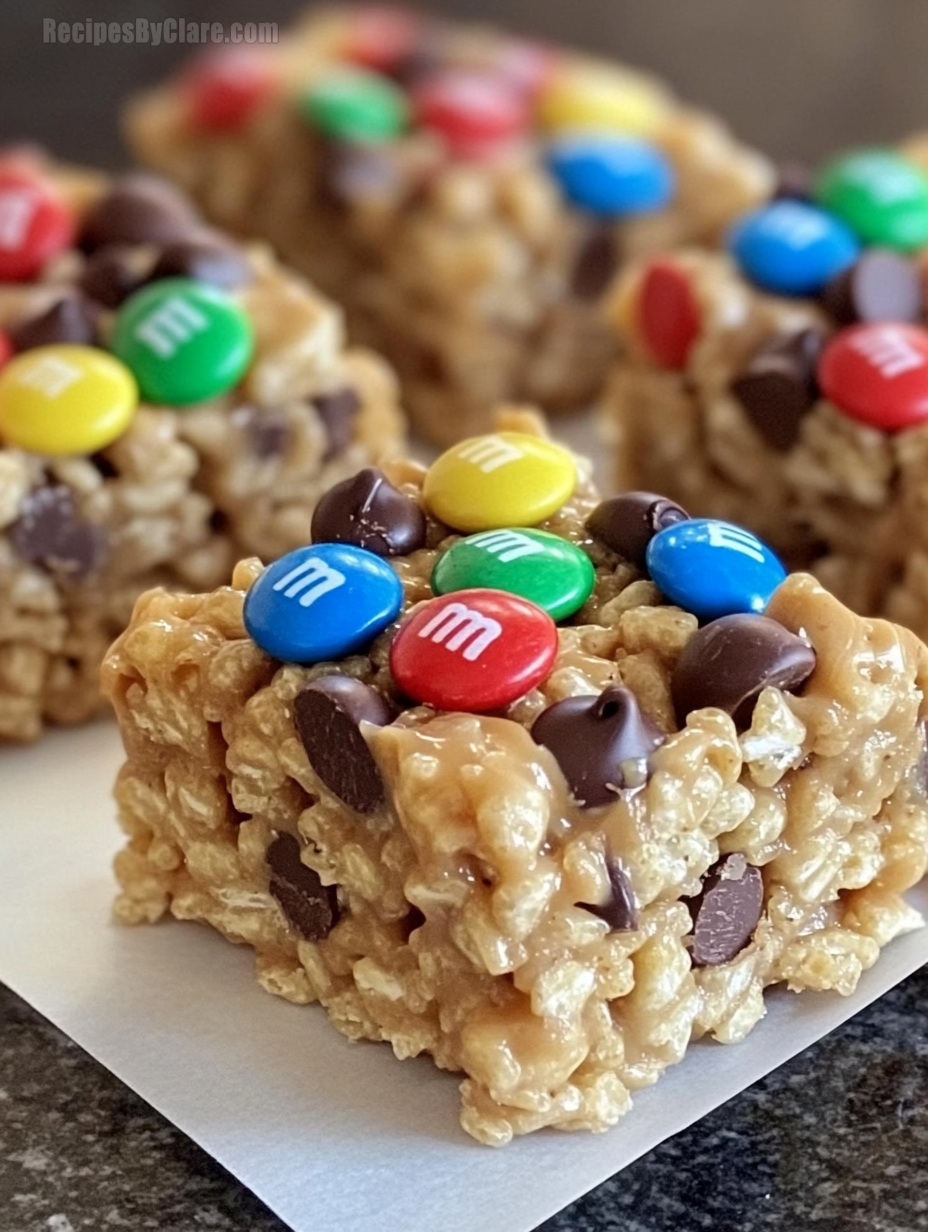 Peanut Butter Rice Krispie Treats with M&M's and Chocolate Chips