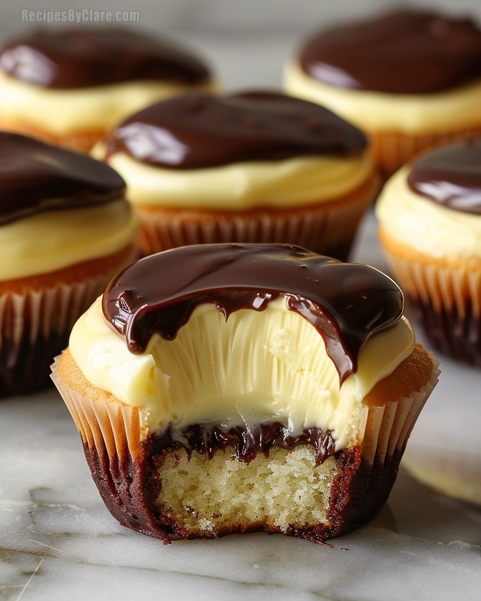 Boston Cream Pie Cupcakes with chocolate ganache and vanilla pudding filling