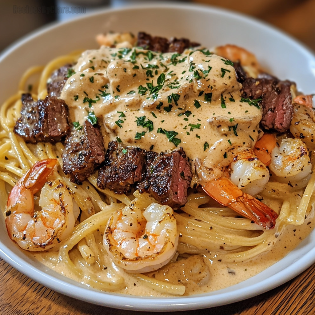 Cajun Shrimp and Steak Alfredo Pasta