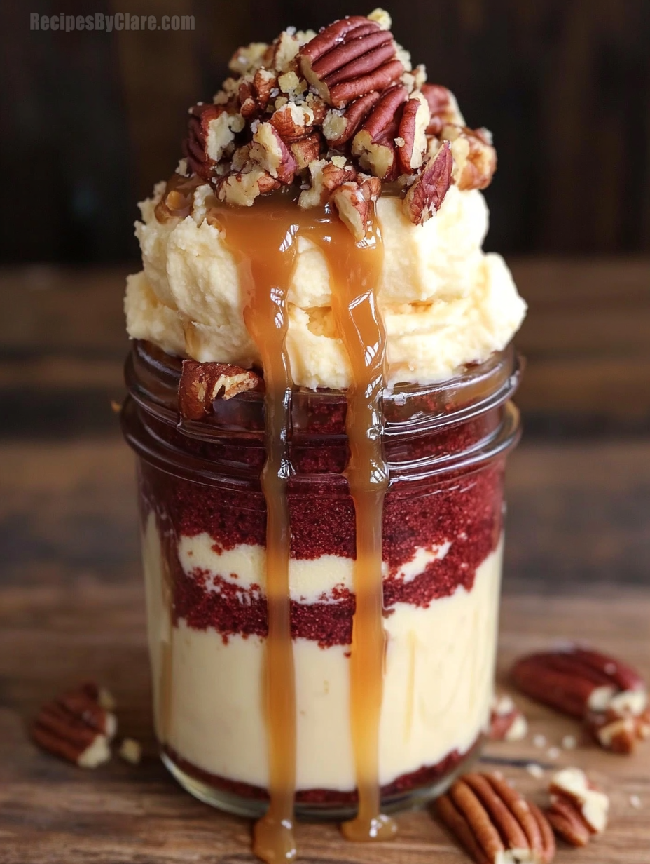 Mini Red Velvet Caramel Pecan Cake Jars